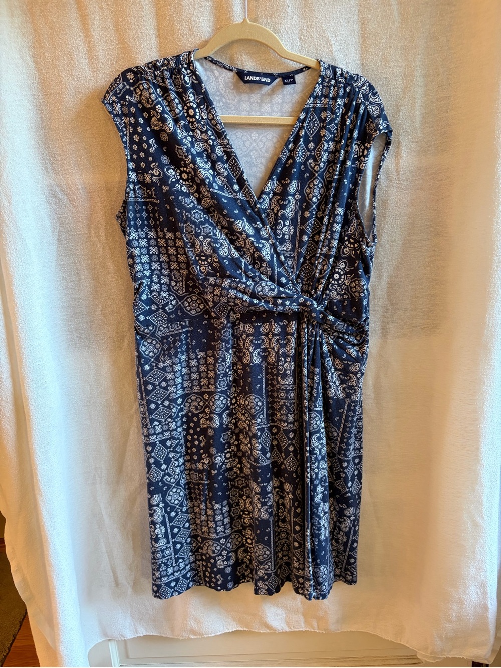 Lands' End Navy & White Printed Wrap-Style Midi Dress